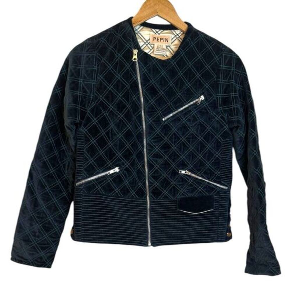 Anthropologie Pepin Green Velvet Quilted Moto Jacket Zip Up Silk Lined Small